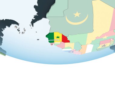 Senegal katıştırılmış bayrak ile parlak siyasi dünya üzerinde. 3D çizim.