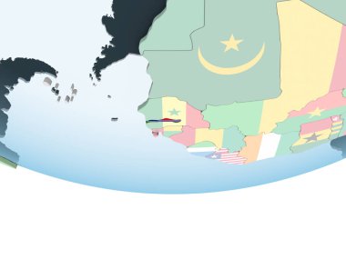 Gambiya katıştırılmış bayrak ile parlak siyasi dünya üzerinde. 3D çizim.