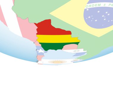 Bolivya katıştırılmış bayrak ile parlak siyasi dünya üzerinde. 3D çizim.