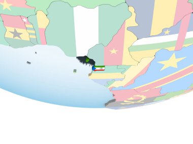 Ekvator Ginesi katıştırılmış bayrak ile parlak siyasi dünya üzerinde. 3D çizim.