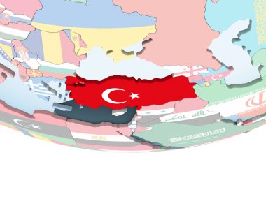 Türkiye katıştırılmış bayrak ile parlak siyasi dünya üzerinde. 3D çizim.