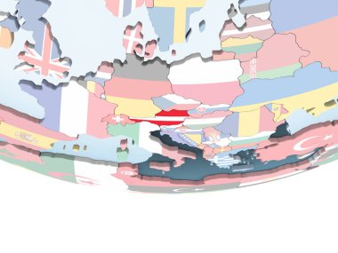 Avusturya katıştırılmış bayrak ile parlak siyasi dünya üzerinde. 3D çizim.
