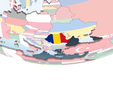 Romanya katıştırılmış bayrak ile parlak siyasi dünya üzerinde. 3D çizim.