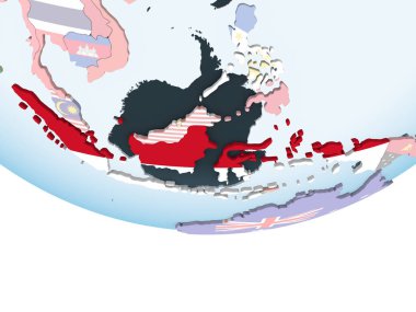 Endonezya katıştırılmış bayrak ile parlak siyasi dünya üzerinde. 3D çizim.