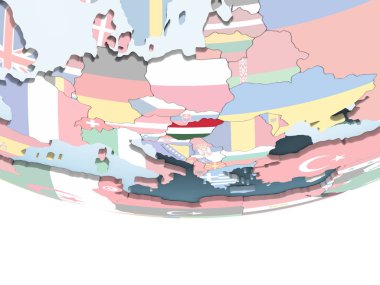 Macaristan katıştırılmış bayrak ile parlak siyasi dünya üzerinde. 3D çizim.