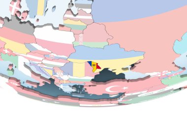 Moldova katıştırılmış bayrak ile parlak siyasi dünya üzerinde. 3D çizim.