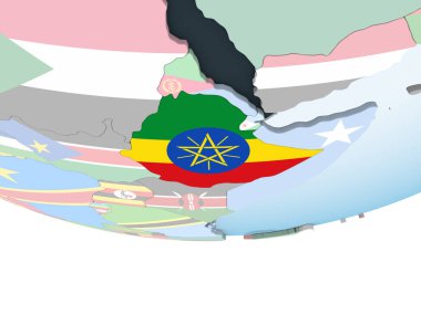 Etiyopya katıştırılmış bayrak ile parlak siyasi dünya üzerinde. 3D çizim.