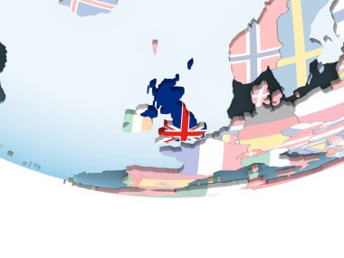 Katıştırılmış bayrak ile parlak siyasi dünya üzerinde İngiltere. 3D çizim.