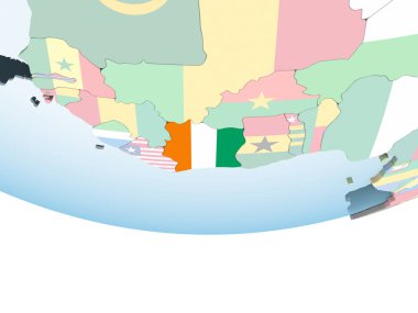 Fildişi Sahili katıştırılmış bayrak ile parlak siyasi dünya üzerinde. 3D çizim.