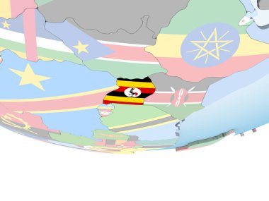 Uganda katıştırılmış bayrak ile parlak siyasi dünya üzerinde. 3D çizim.