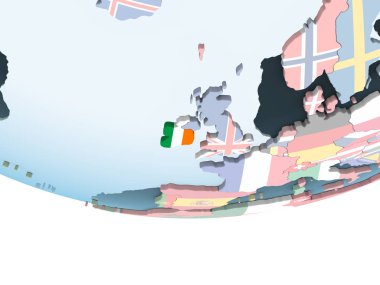 İrlanda'da katıştırılmış bayrak ile parlak siyasi dünya. 3D çizim.