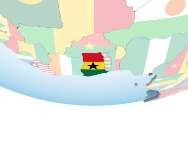 Gana katıştırılmış bayrak ile parlak siyasi dünya üzerinde. 3D çizim.