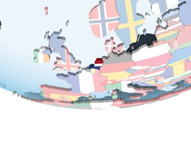 Hollanda katıştırılmış bayrak ile parlak siyasi dünya üzerinde. 3D çizim.