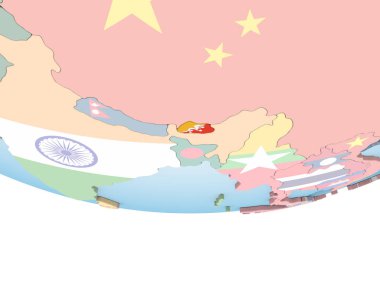 Bhutan katıştırılmış bayrak ile parlak siyasi dünya üzerinde. 3D çizim.