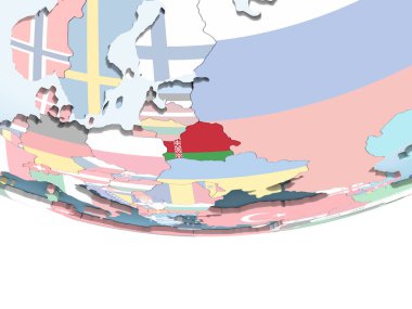 Beyaz Rusya katıştırılmış bayrak ile parlak siyasi dünya üzerinde. 3D çizim.