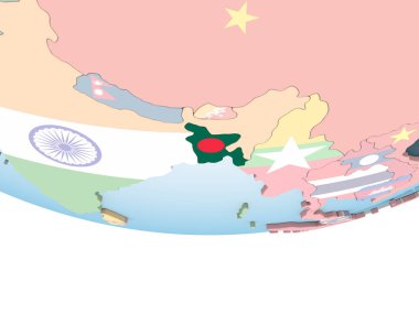 Bangladeş katıştırılmış bayrak ile parlak siyasi dünya üzerinde. 3D çizim.