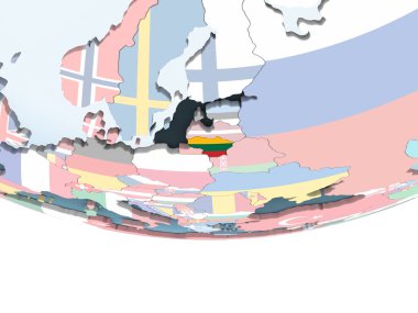 Litvanya katıştırılmış bayrak ile parlak siyasi dünya üzerinde. 3D çizim.
