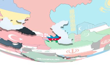 Azerbaycan katıştırılmış bayrak ile parlak siyasi dünya üzerinde. 3D çizim.