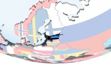 Estonya katıştırılmış bayrak ile parlak siyasi dünya üzerinde. 3D çizim.