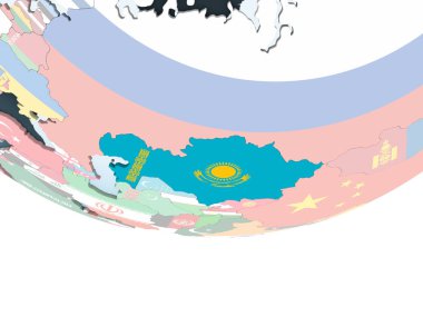 Kazakistan katıştırılmış bayrak ile parlak siyasi dünya üzerinde. 3D çizim.