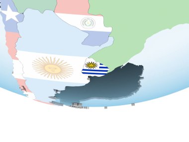 Uruguay katıştırılmış bayrak ile parlak siyasi dünya üzerinde. 3D çizim.