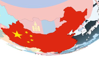 Çin katıştırılmış bayrak ile parlak siyasi dünya üzerinde. 3D çizim.