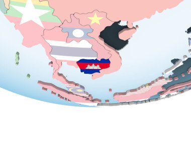 Kamboçya katıştırılmış bayrak ile parlak siyasi dünya üzerinde. 3D çizim.