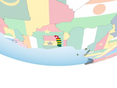 Togo katıştırılmış bayrak ile parlak siyasi dünya üzerinde. 3D çizim.