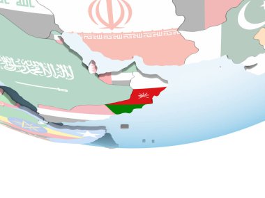 Umman katıştırılmış bayrak ile parlak siyasi dünya üzerinde. 3D çizim.