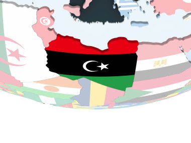 Libya katıştırılmış bayrak ile parlak siyasi dünya üzerinde. 3D çizim.