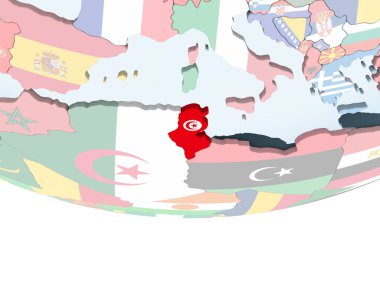 Tunus katıştırılmış bayrak ile parlak siyasi dünya üzerinde. 3D çizim.
