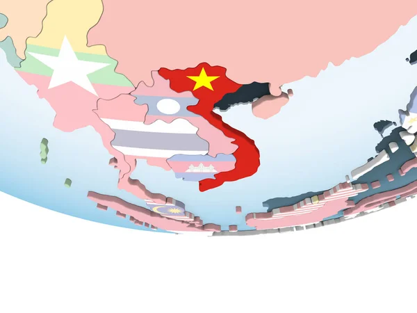 Vietnam Katıştırılmış Bayrak Ile Parlak Siyasi Dünya Üzerinde Çizim — Stok fotoğraf