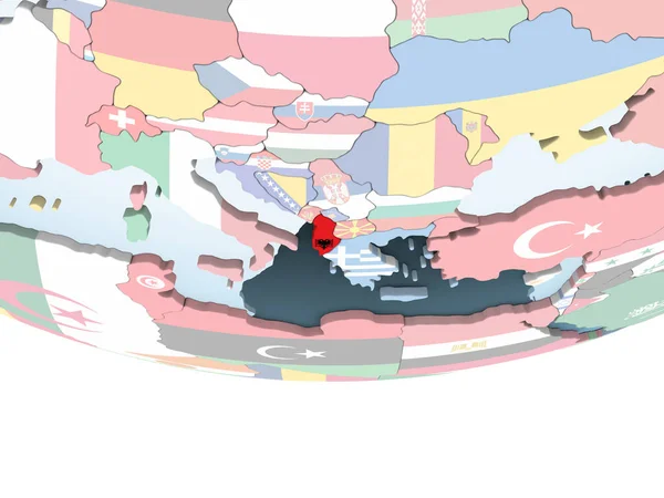 Albania Jasne Globus Polityczny Flagą Osadzonych Ilustracja — Zdjęcie stockowe