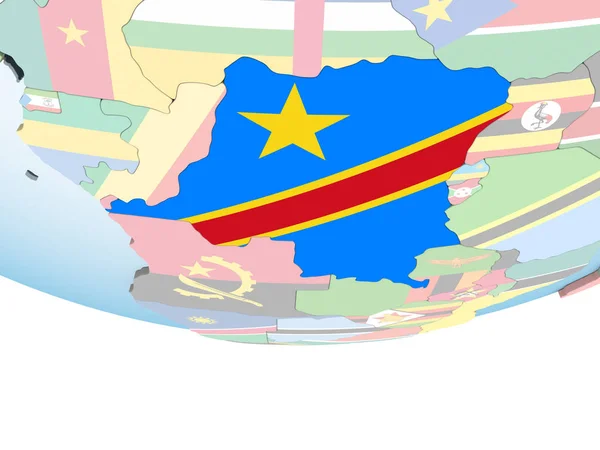 República Democrática Del Congo Brillante Globo Político Con Bandera Incrustada —  Fotos de Stock