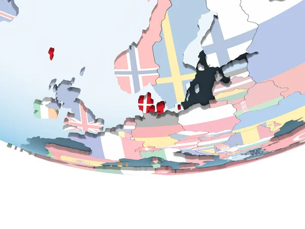 Danimarka Katıştırılmış Bayrak Ile Parlak Siyasi Dünya Üzerinde Çizim — Stok fotoğraf