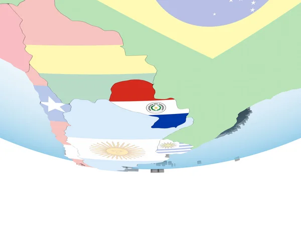 Paraguay on bright political globe with embedded flag. 3D illustration.