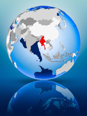 Myanmar yansıtıcı yüzey üzerinde duran siyasi dünya üzerinde. 3D çizim.