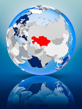 Kazakistan siyasi dünya ayakta yansıtıcı yüzeyi tarih. 3D çizim.