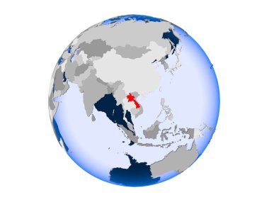 Laos kırmızı şeffaf okyanuslar ile siyasi dünya üzerinde vurgulanır. 3d illüstrasyon izole beyaz arka plan üzerinde.