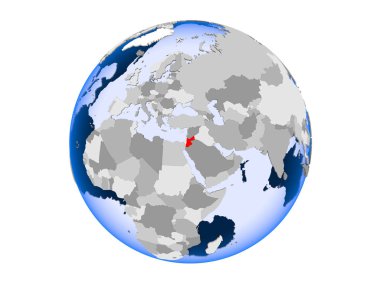 Jordan kırmızı şeffaf okyanuslar ile siyasi dünya üzerinde vurgulanır. 3d illüstrasyon izole beyaz arka plan üzerinde.