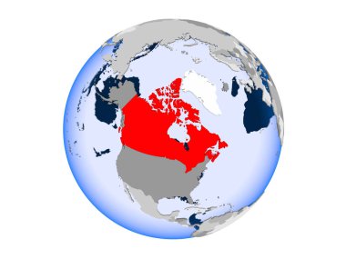 Kanada kırmızı şeffaf okyanuslar ile siyasi dünya üzerinde vurgulanır. 3d illüstrasyon izole beyaz arka plan üzerinde.