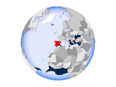 İspanya kırmızı şeffaf okyanuslar ile siyasi dünya üzerinde vurgulanır. 3d illüstrasyon izole beyaz arka plan üzerinde.