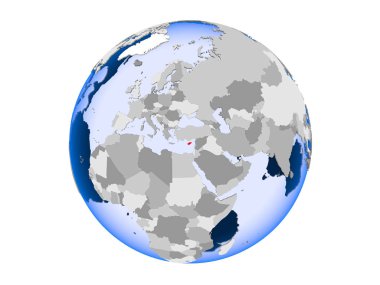 Kıbrıs kırmızı şeffaf okyanuslar ile siyasi dünya üzerinde vurgulanır. 3d illüstrasyon izole beyaz arka plan üzerinde.