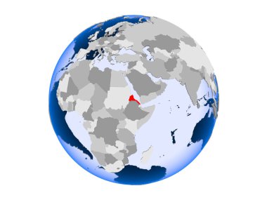 Eritre kırmızı şeffaf okyanuslar ile siyasi dünya üzerinde vurgulanır. 3d illüstrasyon izole beyaz arka plan üzerinde.
