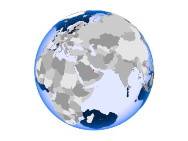 Katar kırmızı şeffaf okyanuslar ile siyasi dünya üzerinde vurgulanır. 3d illüstrasyon izole beyaz arka plan üzerinde.