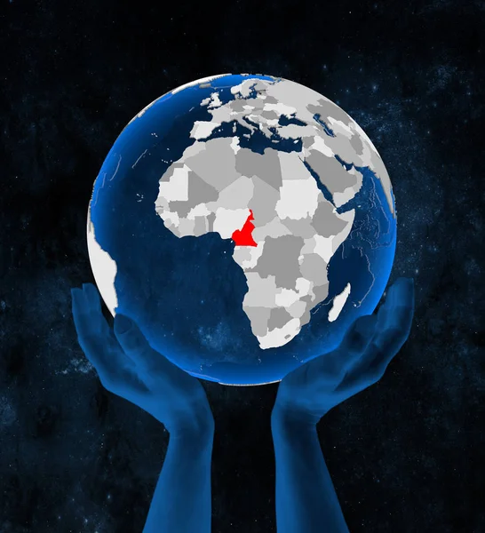 Камерун Полупрозрачном Голубом Глобусе Держит Руках Космосе Иллюстрация — стоковое фото