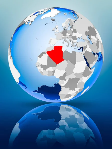 Algeria on political globe standing on reflective surface. 3D illustration.