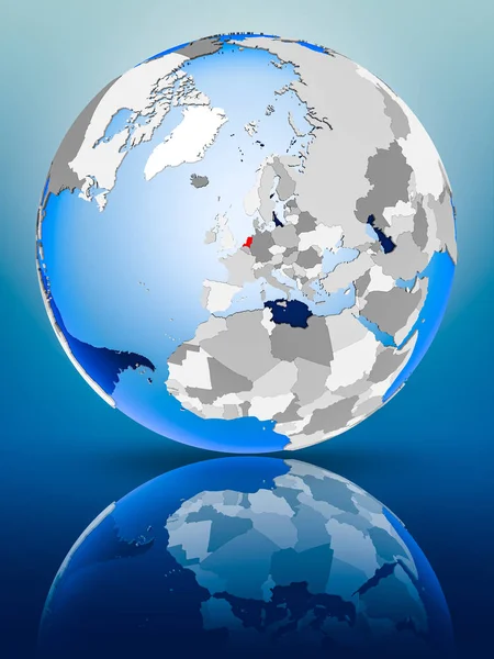 Netherlands on political globe standing on reflective surface. 3D illustration.