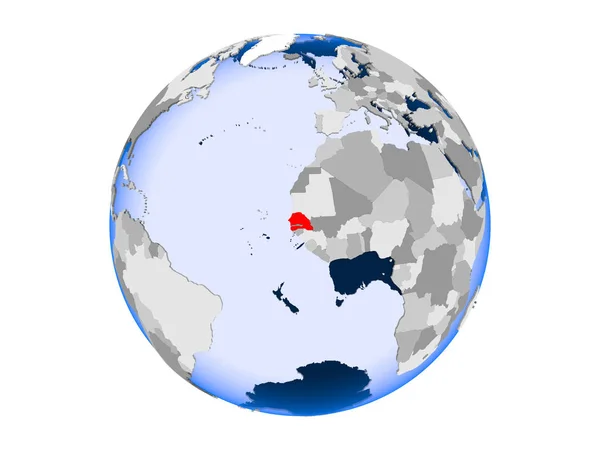 塞内加尔用红色突出显示了具有透明海洋的政治世界 在白色背景上隔离的插图 — 图库照片