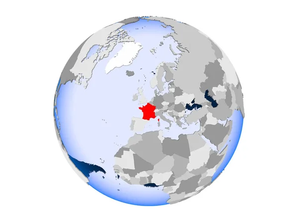 Франция Выделена Красным Цветом Политическом Глобусе Прозрачными Океанами Иллюстрация Белом — стоковое фото